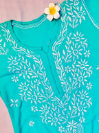 Modal Handcrafted Chikankari Kurta and Pant Set - Turquoise Green - ADNEET