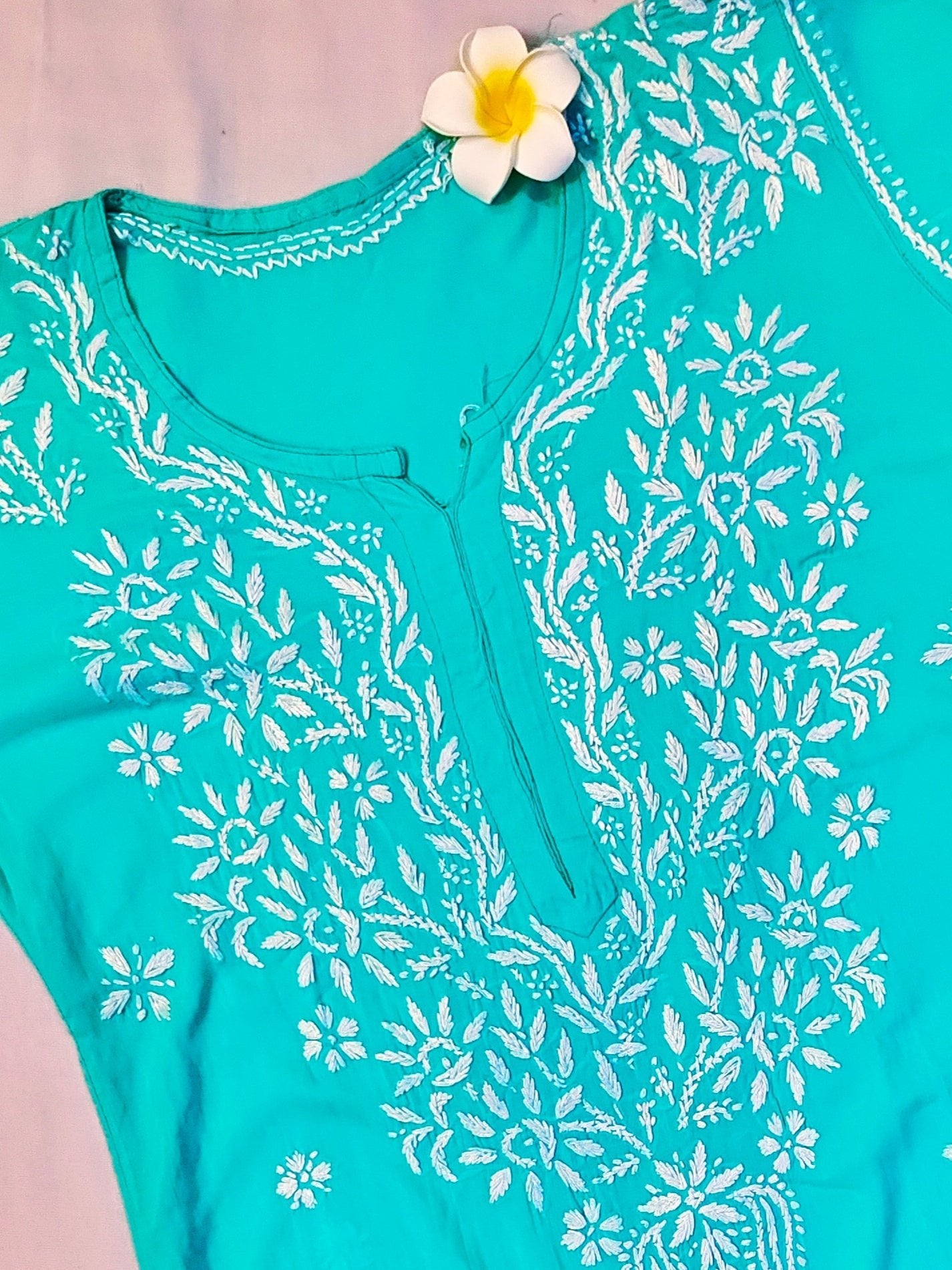 Modal Handcrafted Chikankari Kurta and Pant Set - Turquoise Green - ADNEET