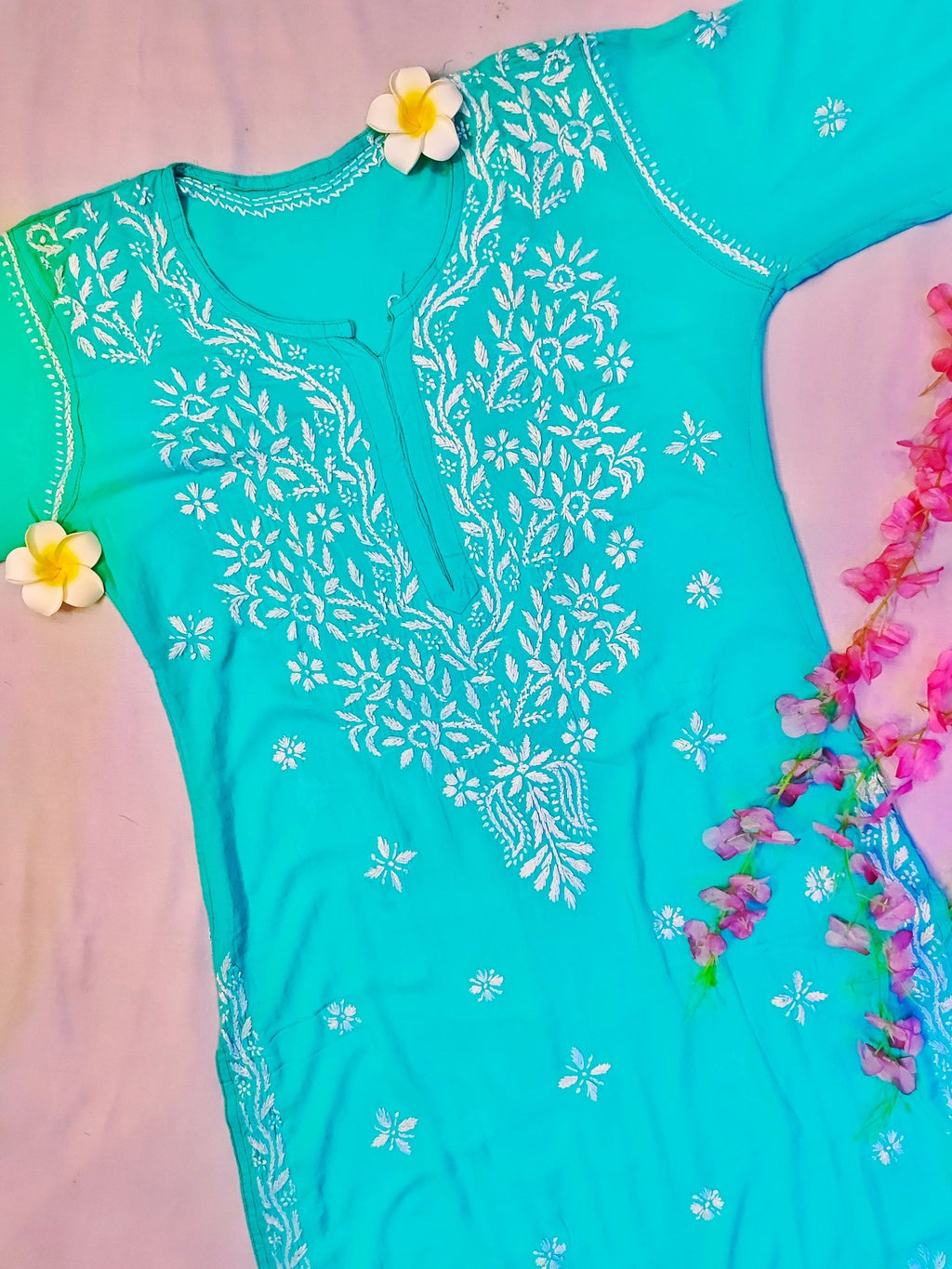 Modal Handcrafted Chikankari Kurta and Pant Set - Turquoise Green - ADNEET