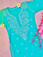 Modal Handcrafted Chikankari Kurta and Pant Set - Turquoise Green - ADNEET
