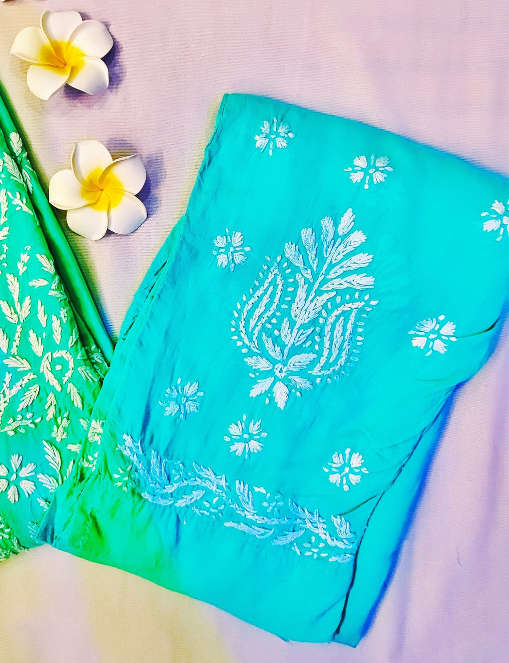 Modal Handcrafted Chikankari Kurta and Pant Set - Turquoise Green - ADNEET