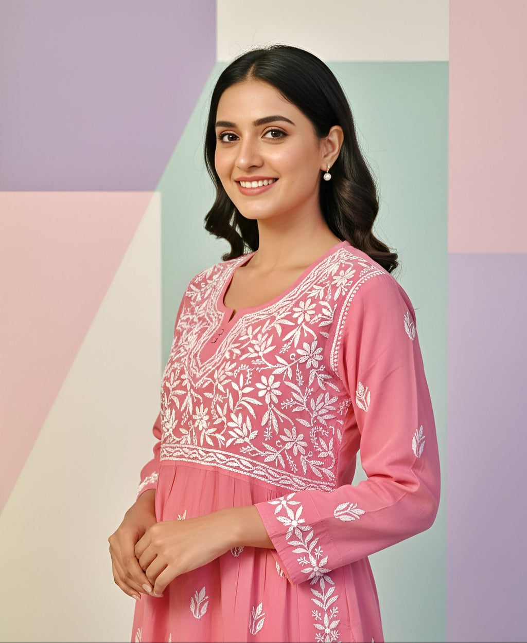 Modal Handcrafted Chikankari Kurta Nayara Cut - Blush Pink - ADNEET