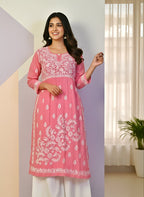 Modal Handcrafted Chikankari Kurta Nayara Cut - Blush Pink - ADNEET