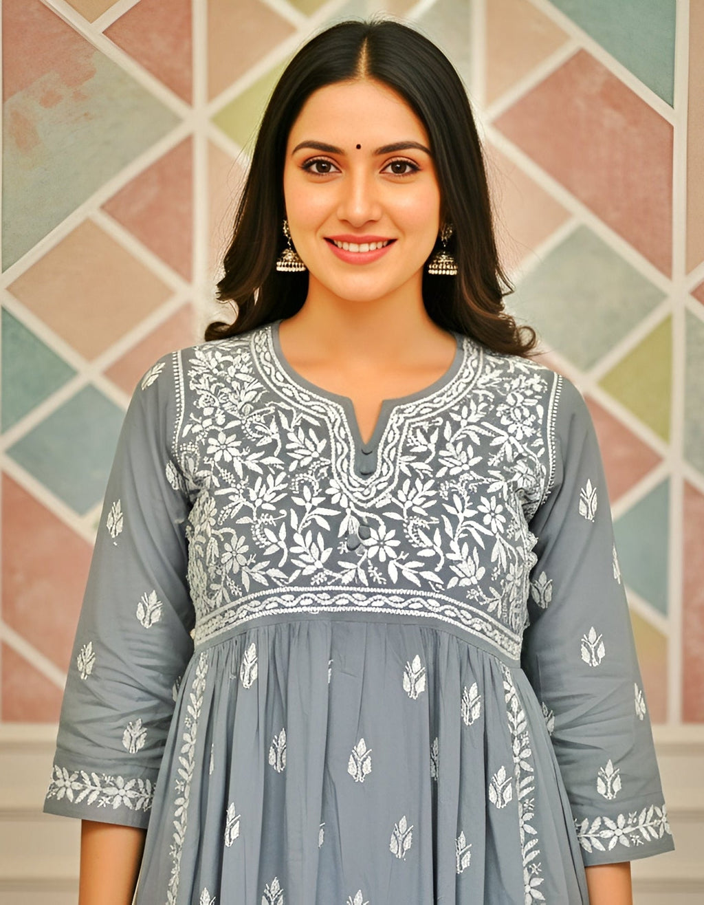 Modal Handcrafted Chikankari Kurta Nayara Cut - Chic Grey - ADNEET