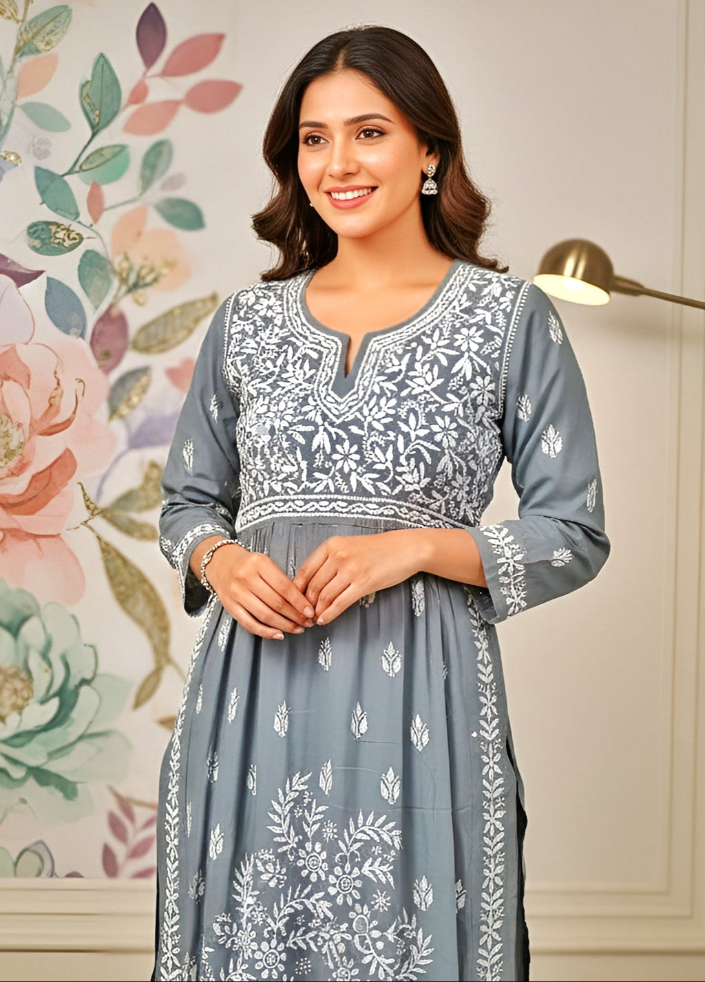 Modal Handcrafted Chikankari Kurta Nayara Cut - Chic Grey - ADNEET