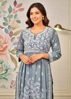 Modal Handcrafted Chikankari Kurta Nayara Cut - Chic Grey - ADNEET