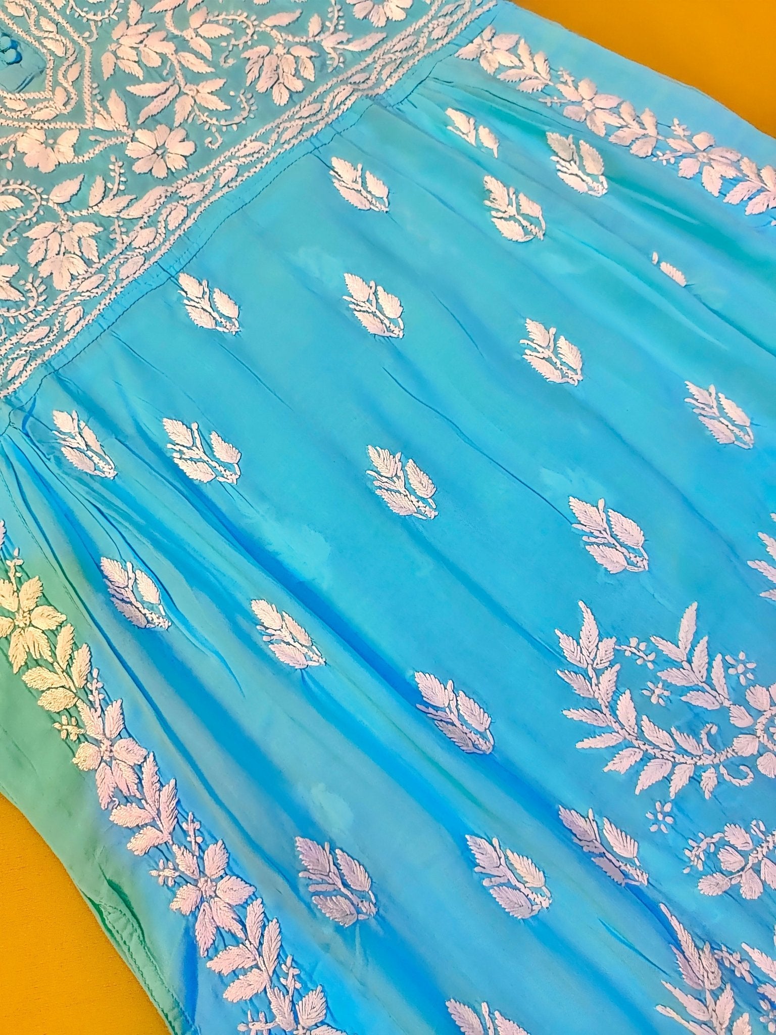 Modal Handcrafted Chikankari Kurta Nayara Cut - Serene Sky Blue - ADNEET