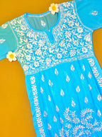 Modal Handcrafted Chikankari Kurta Nayara Cut - Serene Sky Blue - ADNEET