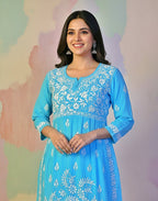 Modal Handcrafted Chikankari Kurta Nayara Cut - Serene Sky Blue - ADNEET
