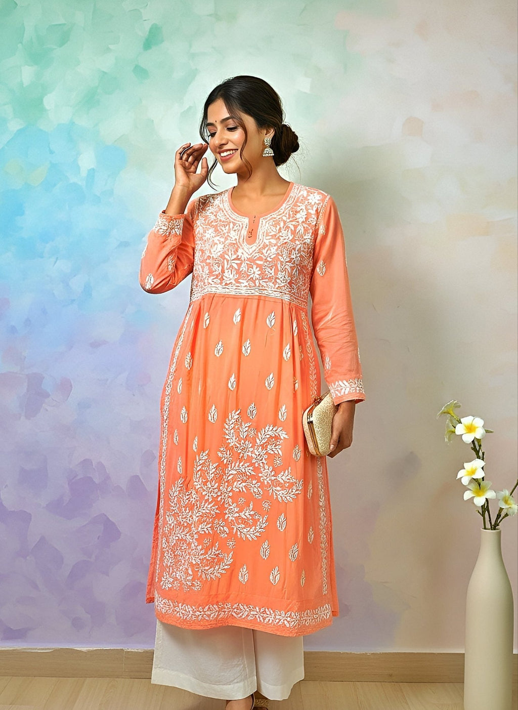 Modal Handcrafted Chikankari Kurta Nayara Cut - Sunset Peach - ADNEET