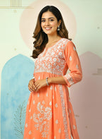 Modal Handcrafted Chikankari Kurta Nayara Cut - Sunset Peach - ADNEET