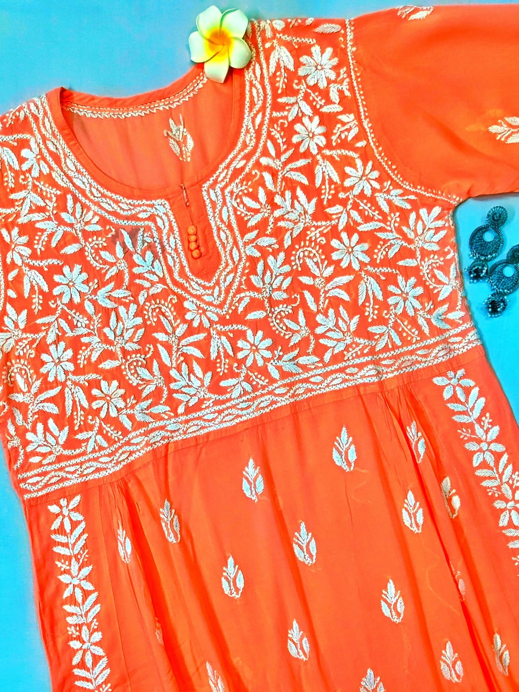 Modal Handcrafted Chikankari Kurta Nayara Cut - Sunset Peach - ADNEET
