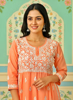 Modal Handcrafted Chikankari Kurta Nayara Cut - Sunset Peach - ADNEET
