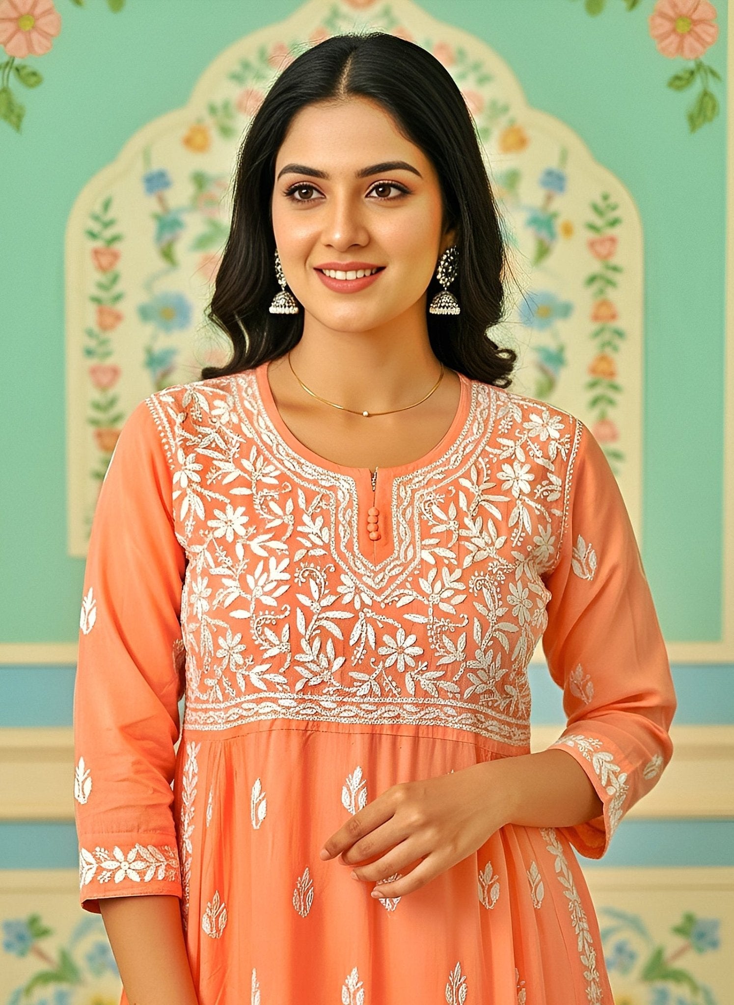 Modal Handcrafted Chikankari Kurta Nayara Cut - Sunset Peach - ADNEET