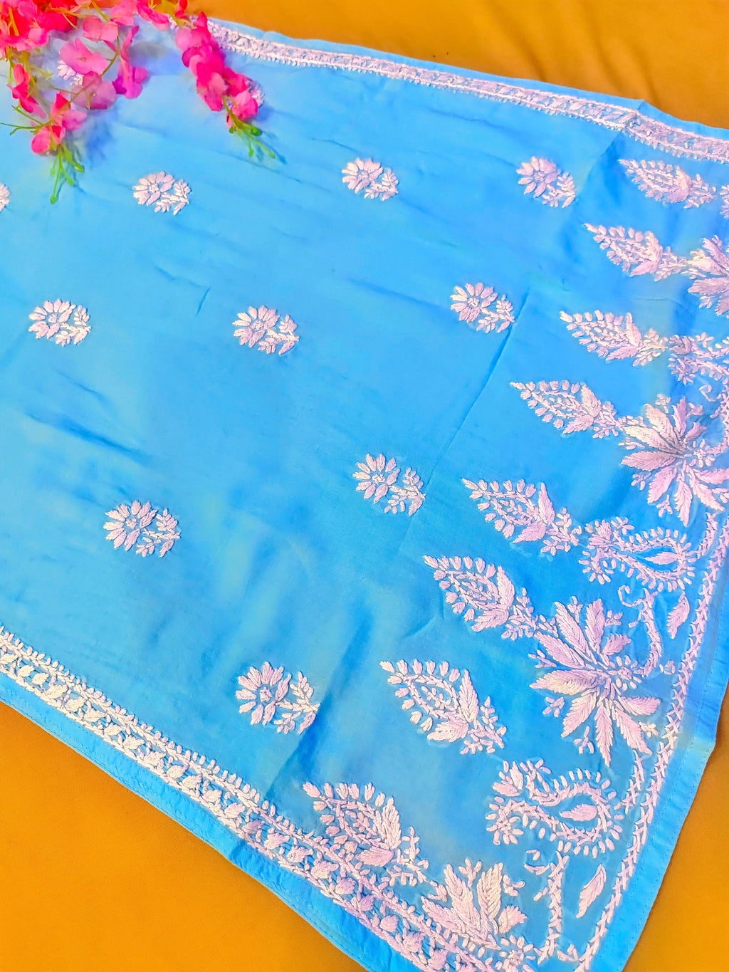 Modal Handcrafted Chikankari Kurta Straight Fit - Pastel Blue - ADNEET