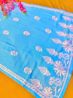 Modal Handcrafted Chikankari Kurta Straight Fit - Pastel Blue - ADNEET