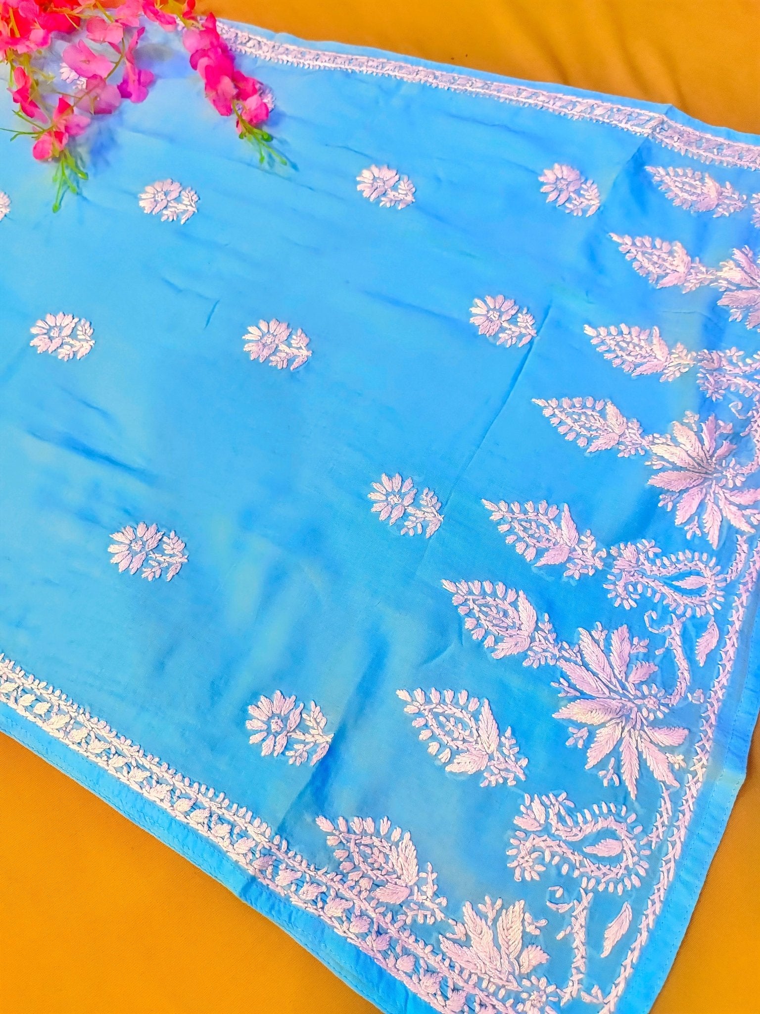 Modal Handcrafted Chikankari Kurta Straight Fit - Pastel Blue - ADNEET