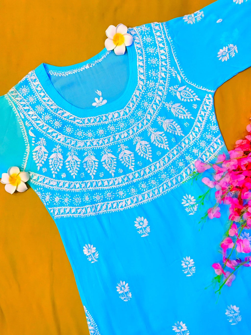 Modal Handcrafted Chikankari Kurta Straight Fit - Pastel Blue - ADNEET