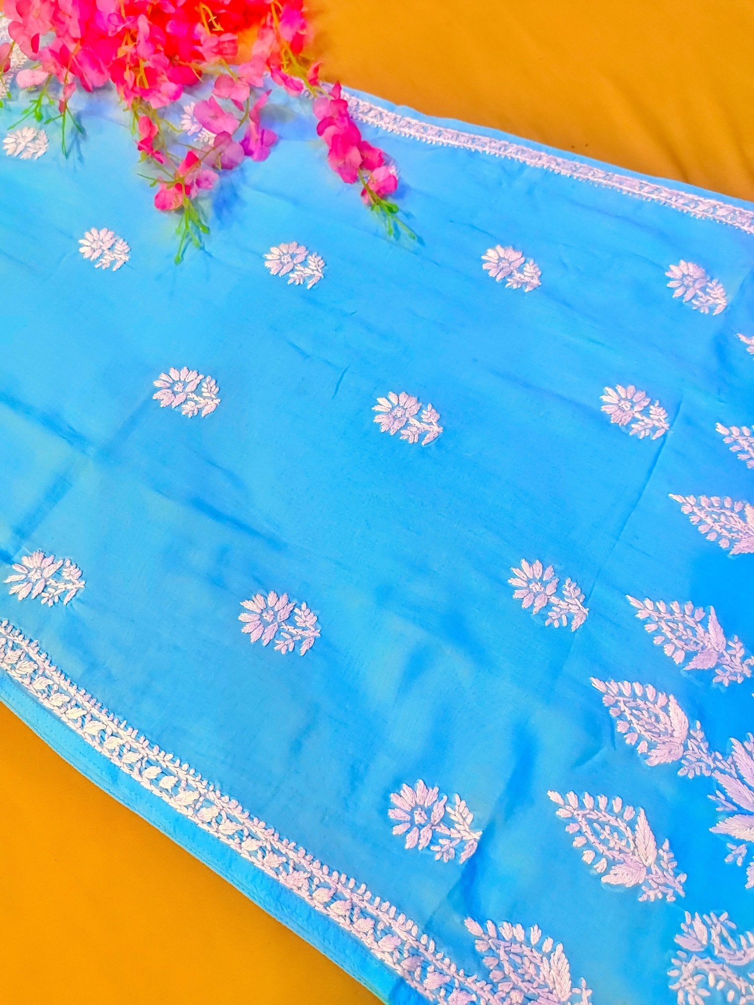 Modal Handcrafted Chikankari Kurta Straight Fit - Pastel Blue - ADNEET