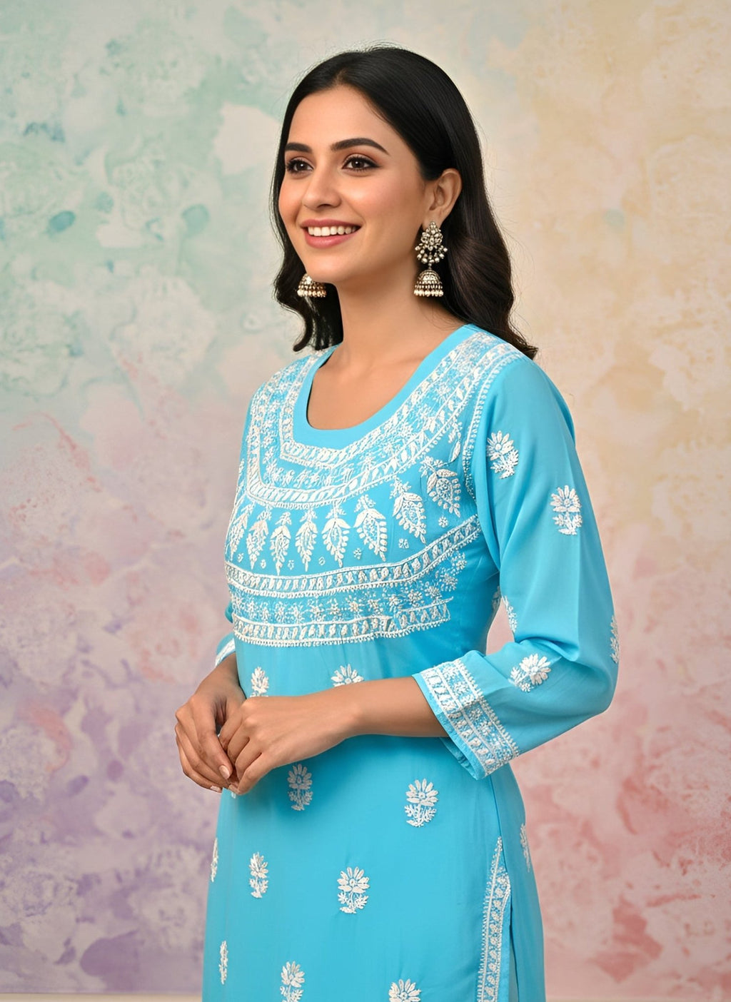 Modal Handcrafted Chikankari Kurta Straight Fit - Pastel Blue - ADNEET