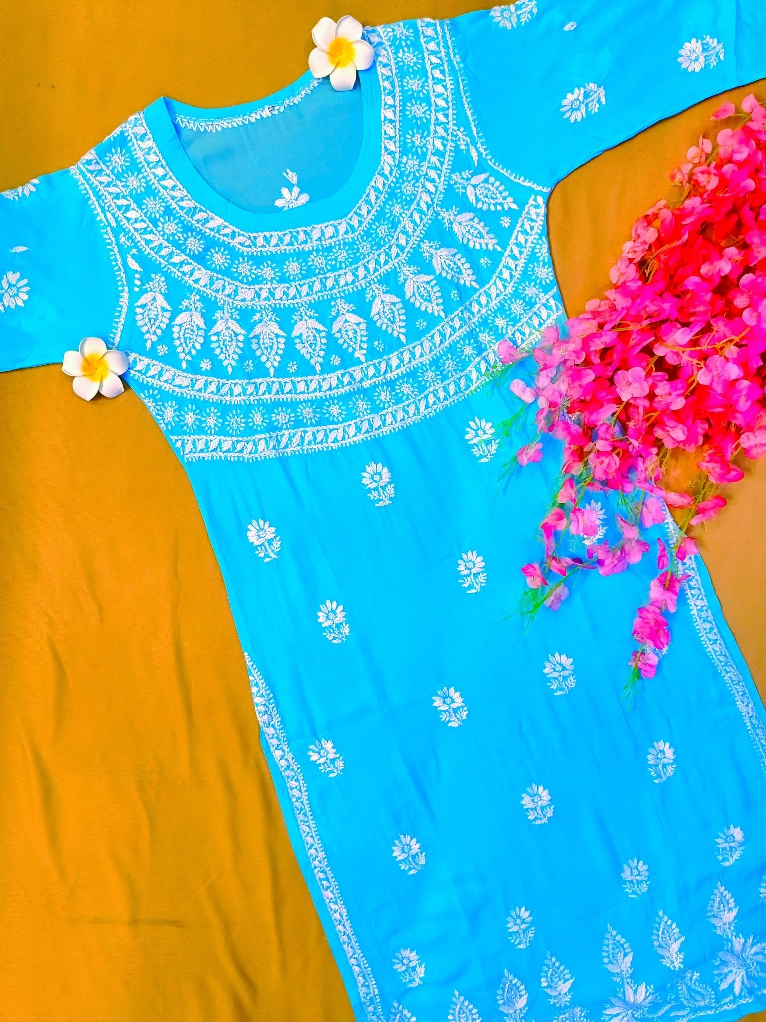 Modal Handcrafted Chikankari Kurta Straight Fit - Pastel Blue - ADNEET