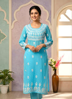 Modal Handcrafted Chikankari Kurta Straight Fit - Pastel Blue - ADNEET