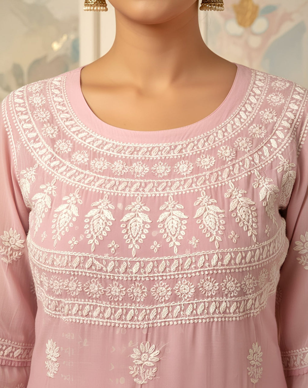 Modal Handcrafted Chikankari Kurta Straight Fit - Pastel Pink - ADNEET
