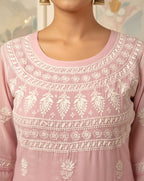 Modal Handcrafted Chikankari Kurta Straight Fit - Pastel Pink - ADNEET