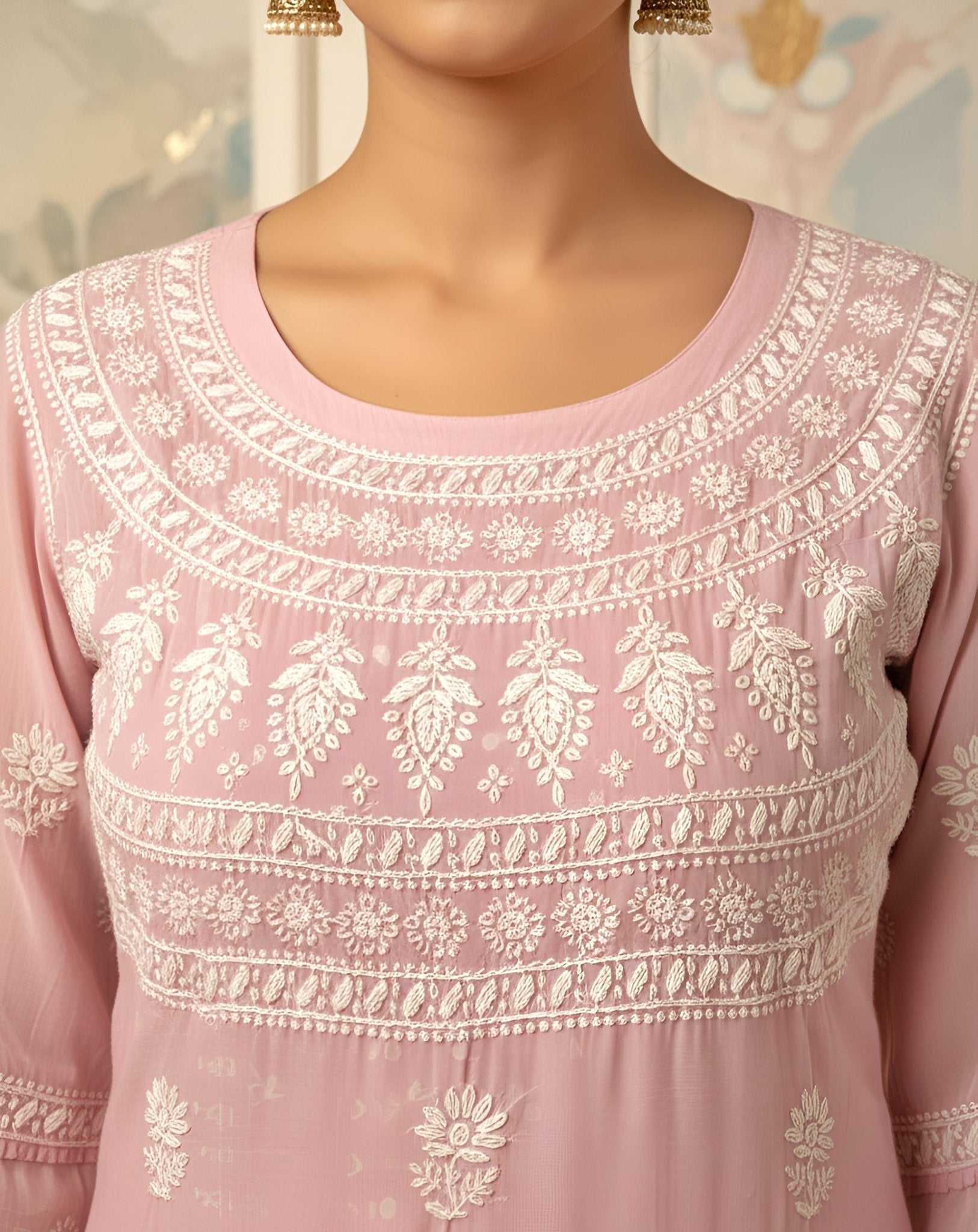 Modal Handcrafted Chikankari Kurta Straight Fit - Pastel Pink - ADNEET