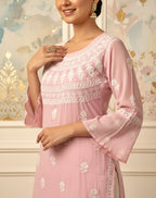Modal Handcrafted Chikankari Kurta Straight Fit - Pastel Pink - ADNEET