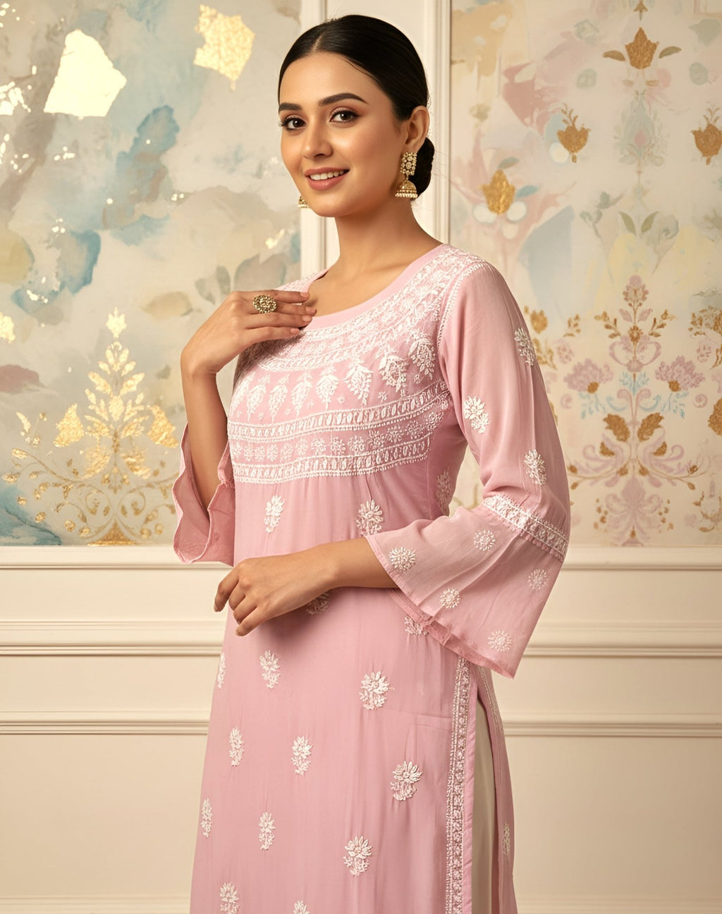 Modal Handcrafted Chikankari Kurta Straight Fit - Pastel Pink - ADNEET