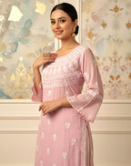 Modal Handcrafted Chikankari Kurta Straight Fit - Pastel Pink - ADNEET