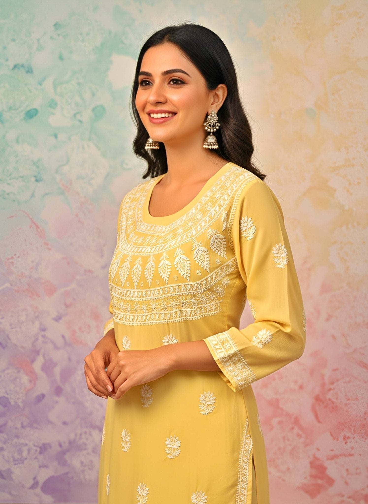 Modal Handcrafted Chikankari Kurta Straight Fit - Pastel Yellow - ADNEET