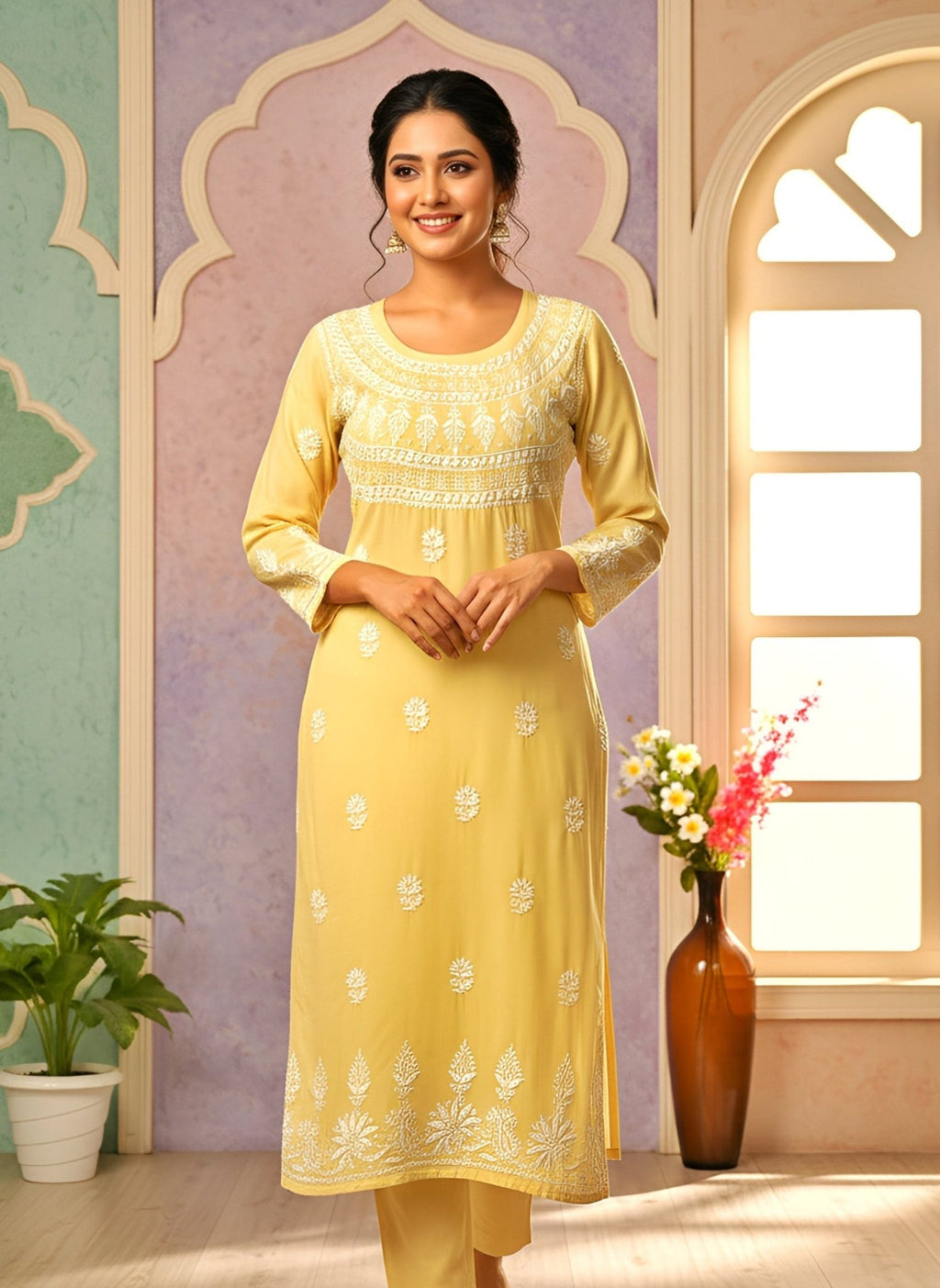 Modal Handcrafted Chikankari Kurta Straight Fit - Pastel Yellow - ADNEET