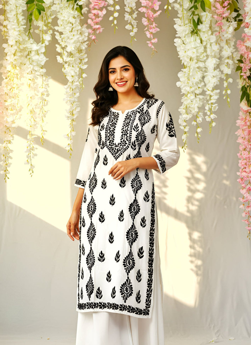 Modal Handcrafted Chikankari Kurta Straight Fit -  Vintage Black & White - ADNEET