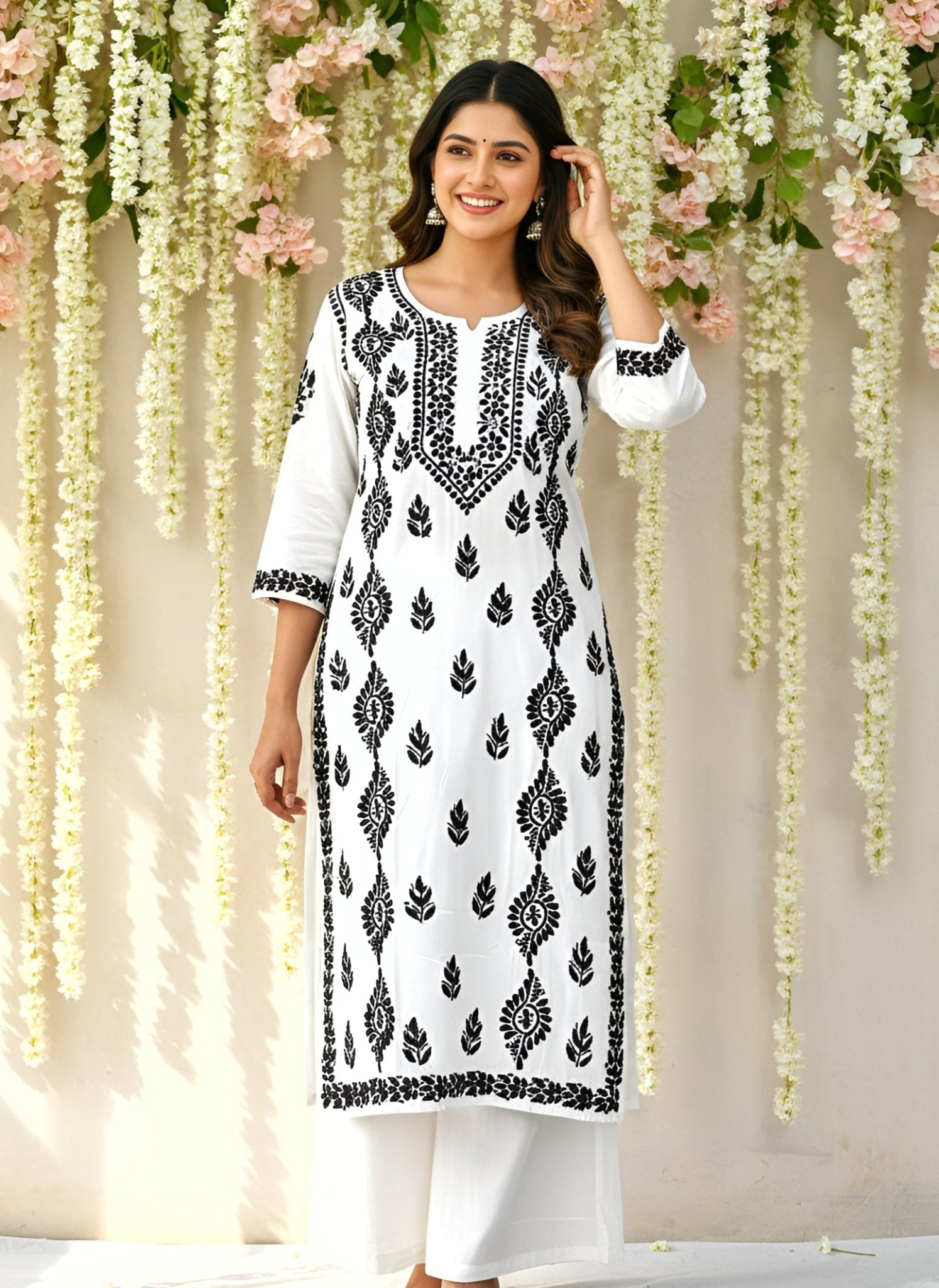 Modal Handcrafted Chikankari Kurta Straight Fit -  Vintage Black & White - ADNEET