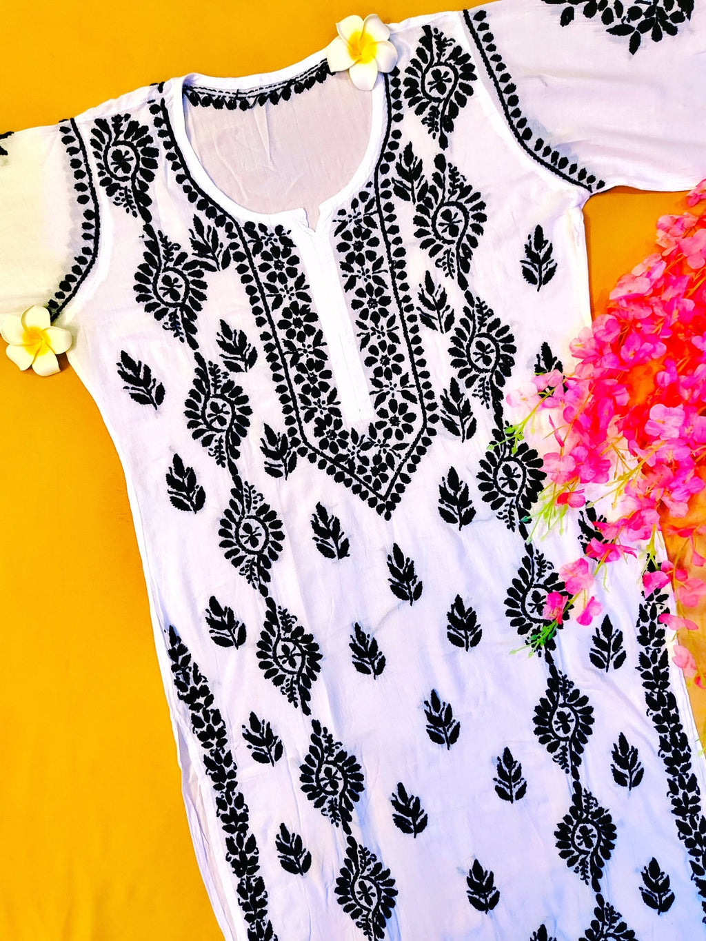 Modal Handcrafted Chikankari Kurta Straight Fit -  Vintage Black & White - ADNEET