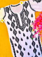Modal Handcrafted Chikankari Kurta Straight Fit -  Vintage Black & White - ADNEET