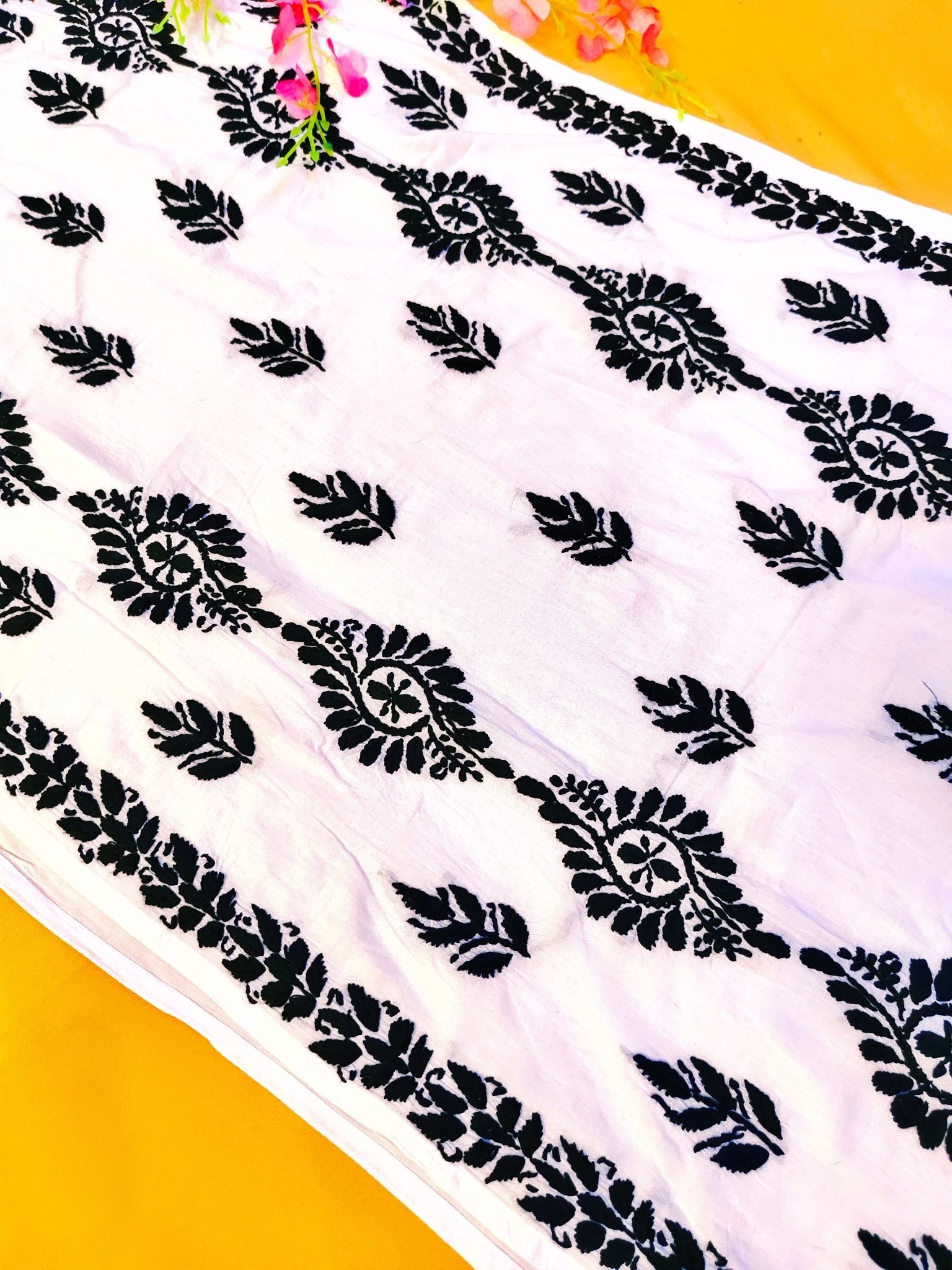 Modal Handcrafted Chikankari Kurta Straight Fit -  Vintage Black & White - ADNEET