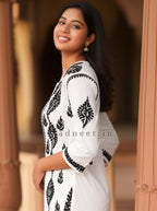Modal Handcrafted Chikankari Kurta Straight Fit -  Vintage Black & White - ADNEET