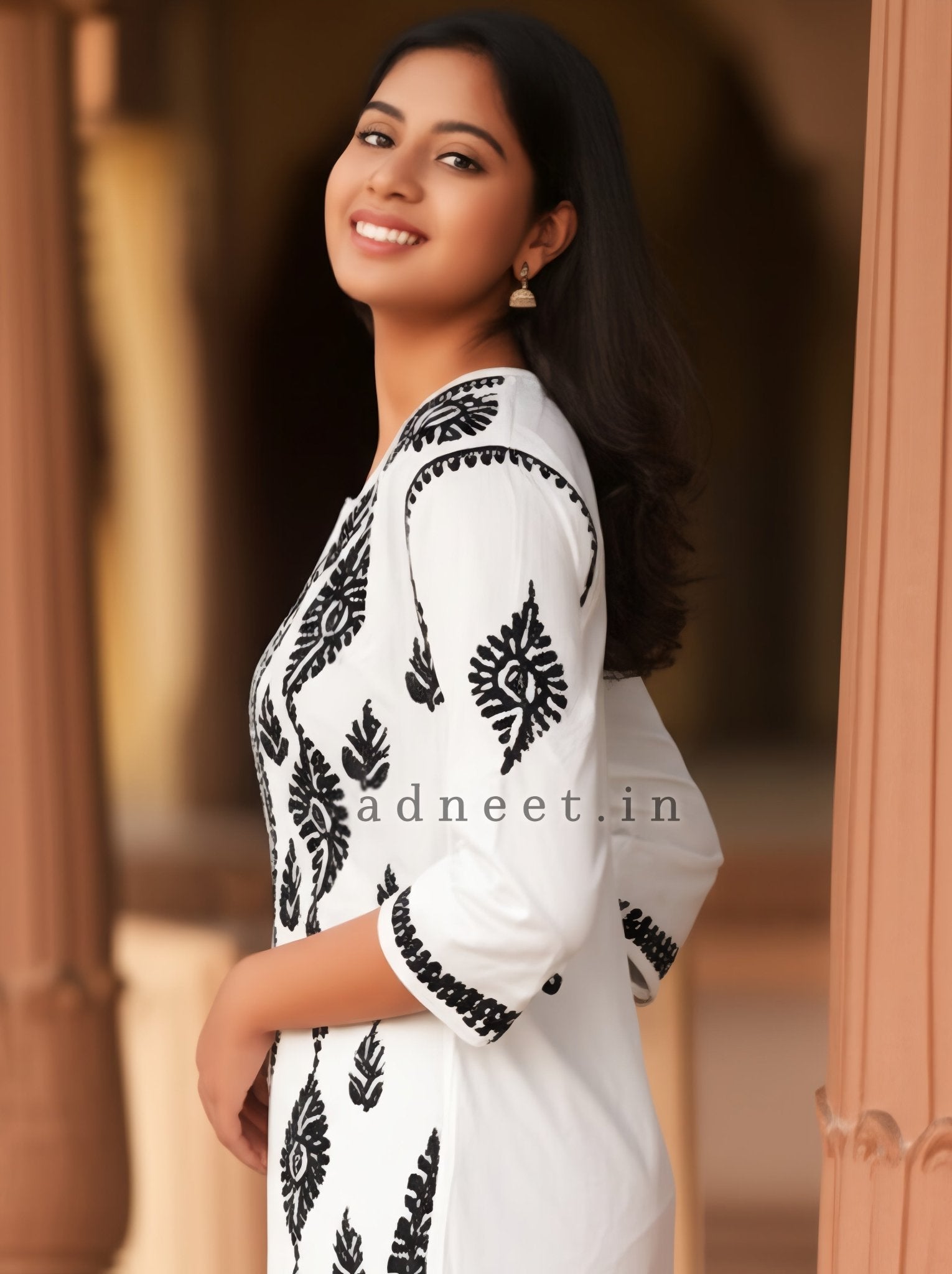 Modal Handcrafted Chikankari Kurta Straight Fit -  Vintage Black & White - ADNEET