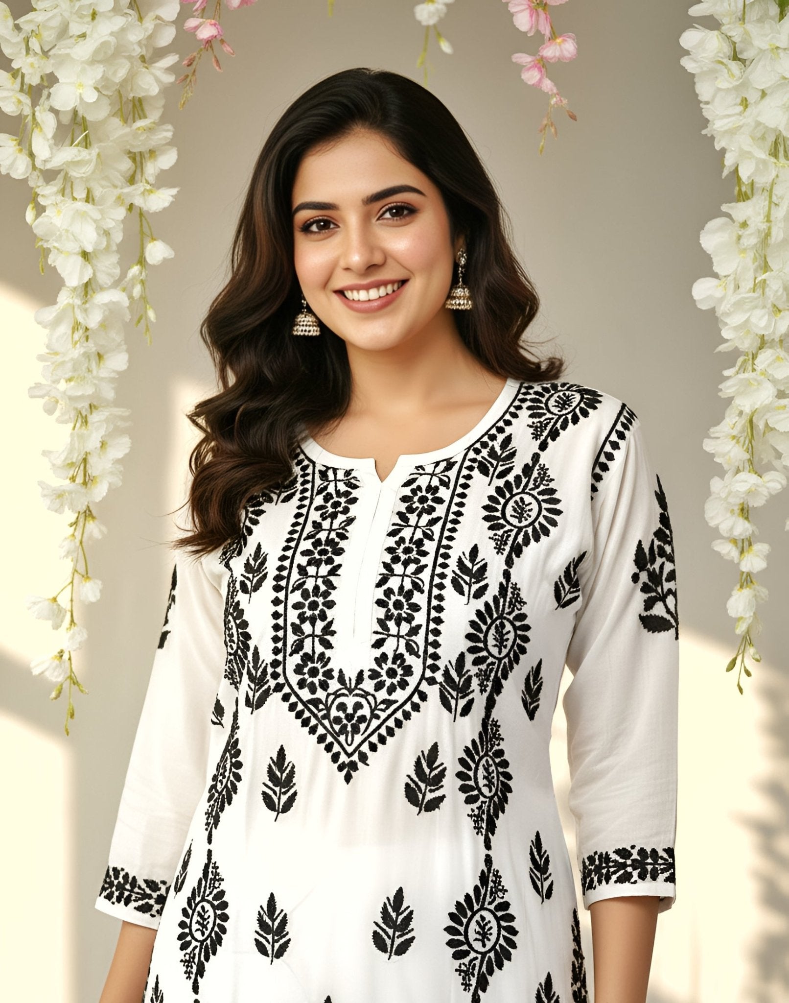 Modal Handcrafted Chikankari Kurta Straight Fit -  Vintage Black & White - ADNEET