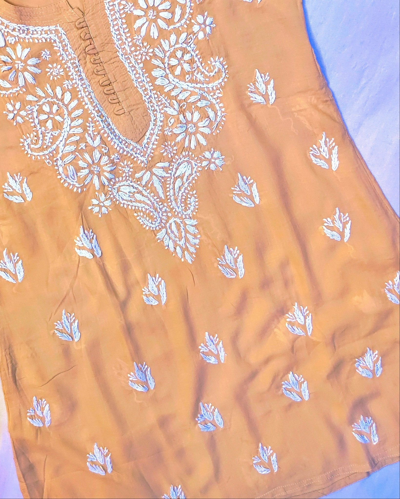 Modal Handcrafted Chikankari Short Kurta - Caramel Beige - ADNEET