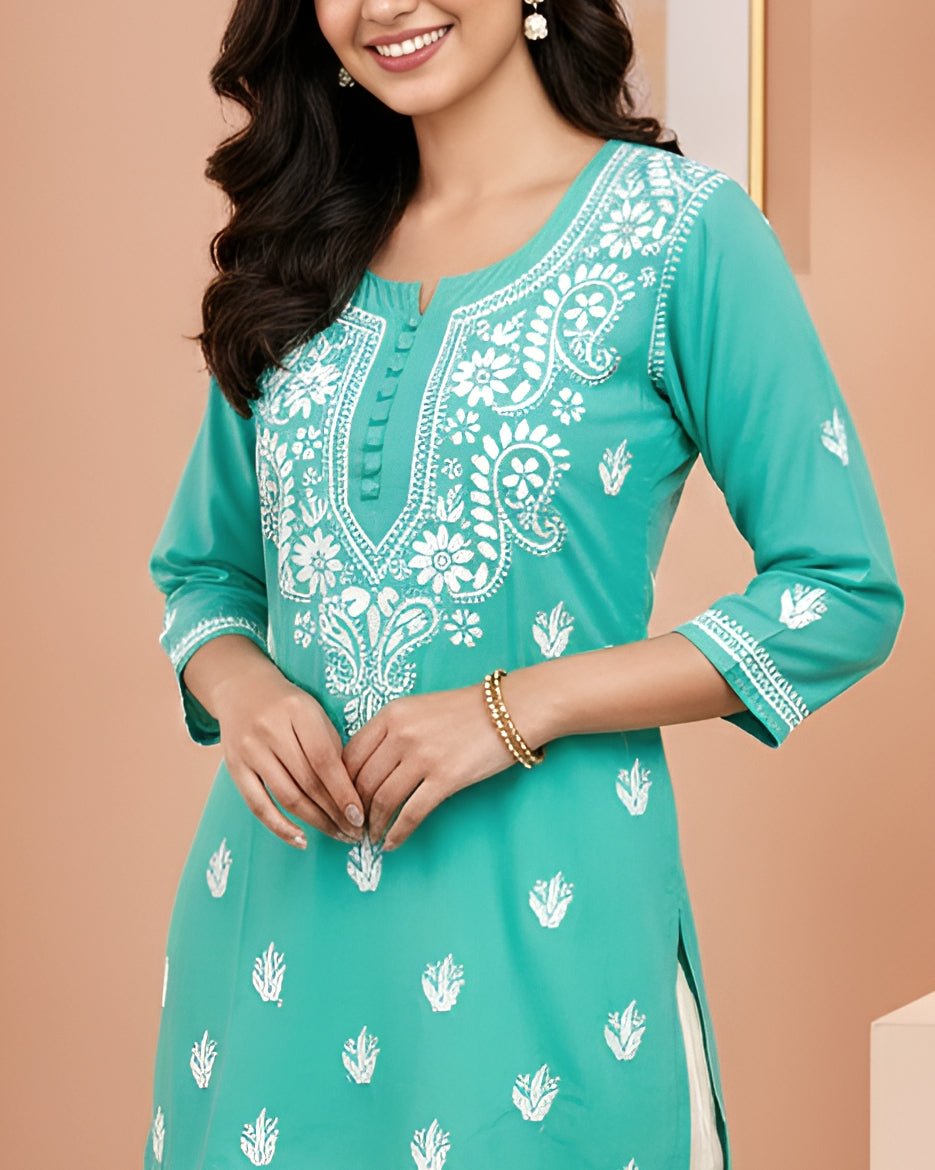 Modal Handcrafted Chikankari Short Kurta - Mint Green - ADNEET