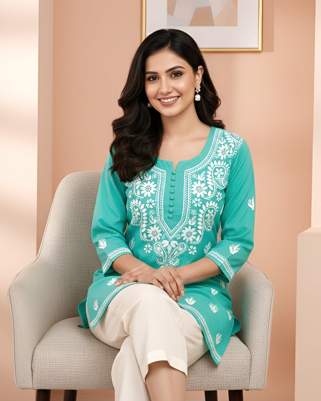 Modal Handcrafted Chikankari Short Kurta - Mint Green - ADNEET