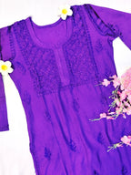 Mul Chanderi Handcrafted Chikankari Kurta Straight Fit - Royal Purple - ADNEET