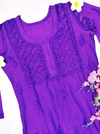 Mul Chanderi Handcrafted Chikankari Kurta Straight Fit - Royal Purple - ADNEET