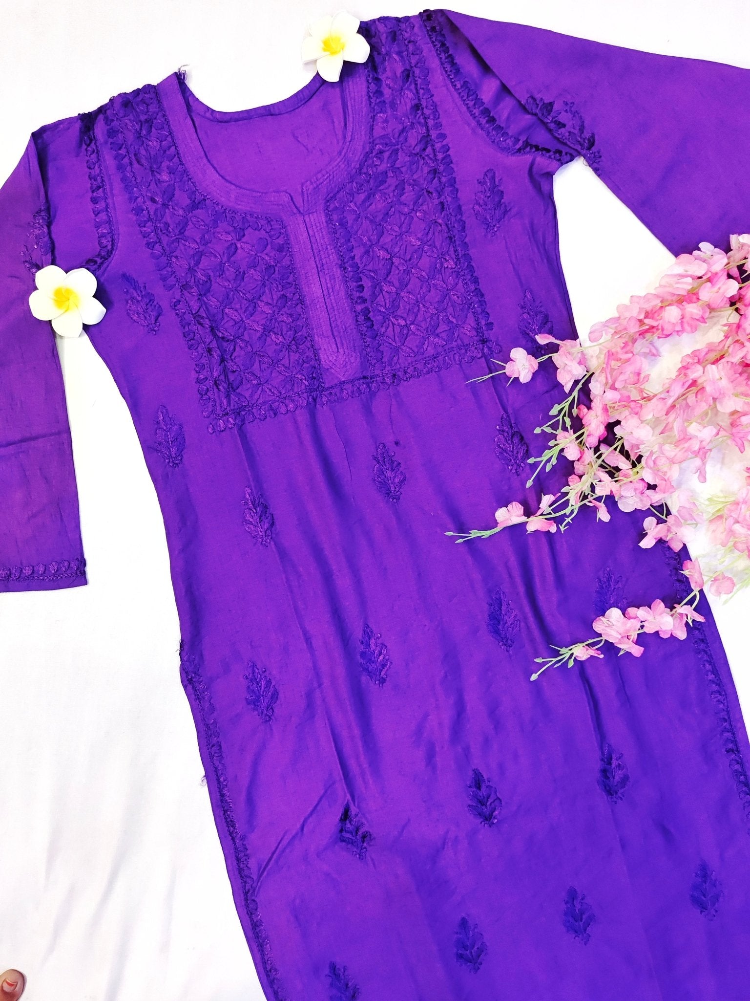 Mul Chanderi Handcrafted Chikankari Kurta Straight Fit - Royal Purple - ADNEET