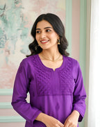 Mul Chanderi Handcrafted Chikankari Kurta Straight Fit - Royal Purple - ADNEET