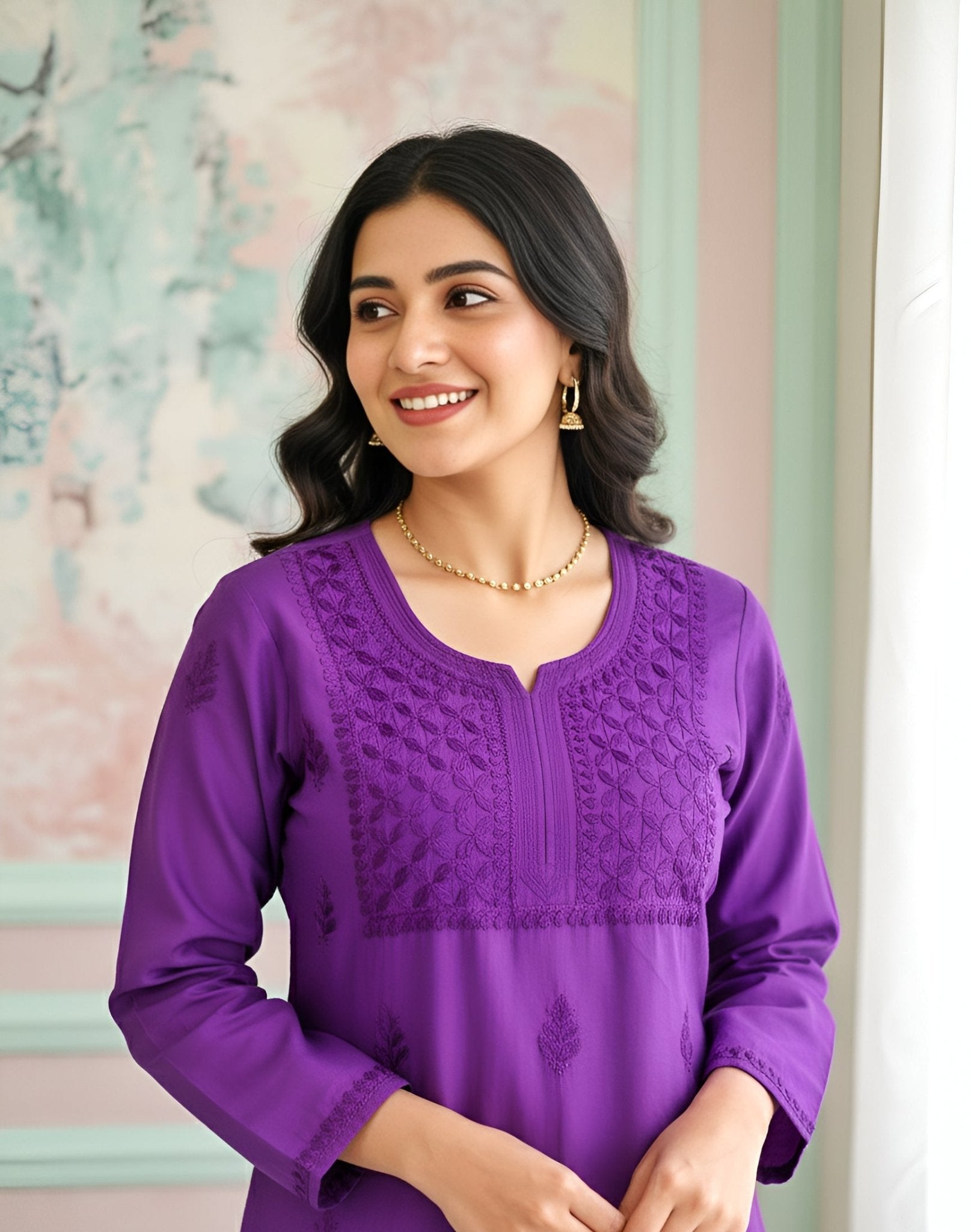 Mul Chanderi Handcrafted Chikankari Kurta Straight Fit - Royal Purple - ADNEET